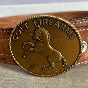 VTG Colt Firearms Buckle Signed solid brass with leather belt - men’s